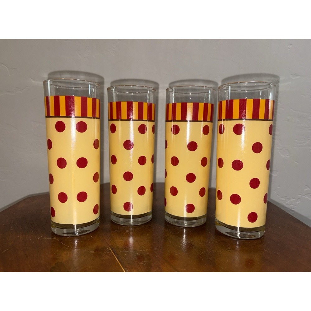 4 GAIL PITTMAN Provence Tom Collins Highball Glasses Yellow Polka Dot & Stripe